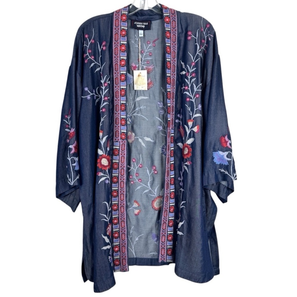 JOHNNY WAS Piper NEW Shirt Tail Kimono Denim Blue Embroidered Floral Size L NEW